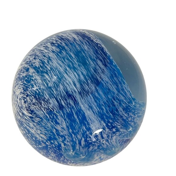 Blue Ocean Wave Design Art Glass Paperweight Sea Beach Sculpture Orb Sphere READ - Picture 3 of 10
